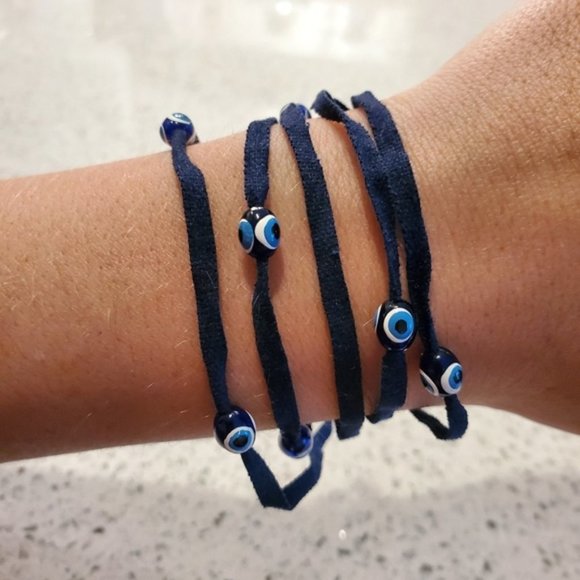 Set 4 Boho Velvet Long Necklace Wrap Bracelets Evil Eye Tan White Pink Navy Blue - Picture 3 of 11